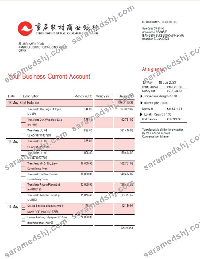 Chongqing Rural Commercial Bank firm account statement Word and PDF template